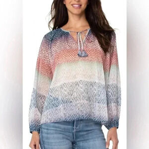 [M] LIVERPOOL LONG SLEEVE SHIRRED BLOUSE WITH NECK  TIES